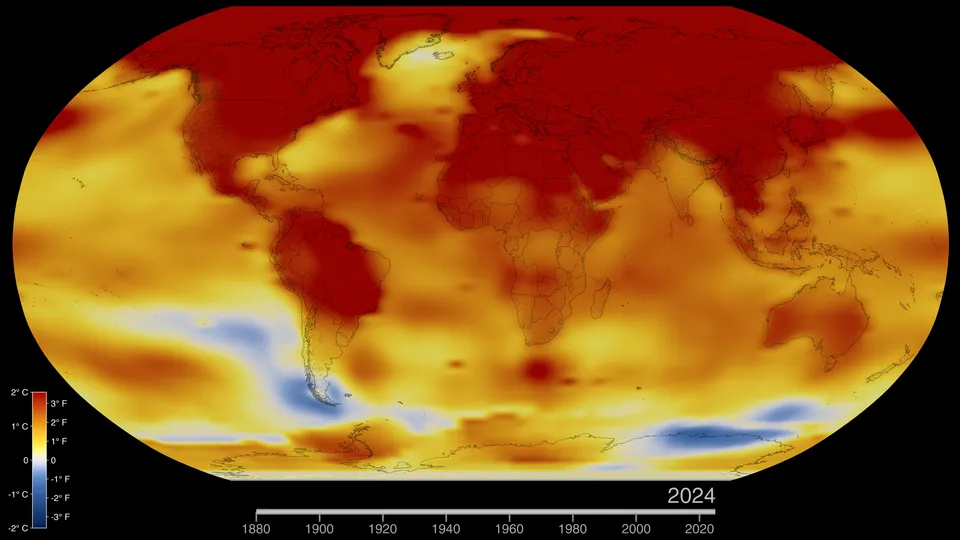 Mapa del món sobre fons negre amb els continents pintats per la diferència de temperatura del 2024 respecte a la mitjana del 1951-1980: vermell fosc a tot l'hemisferi nord, sobretot l'Àrtic, el Canadà, Europa, Rússia i el nord de l'Àfrica, i a l'Amazònia; groc i taronja als oceans; dues taques blaves al Pacífic sud i a l'oceà Antàrtic; a baix, l'escala de −2 a +2 °C i una línia de temps del 1880 al 2024.
