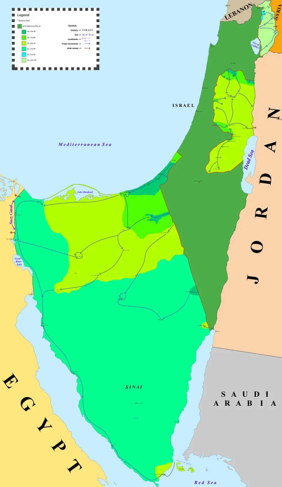 Mapa d'Israel i els països veïns amb el territori controlat per Israel dia a dia durant la guerra dels Sis Dies del 1967, en sis tons de verd: el verd fosc d'Israel abans de la guerra, i cada dia més clar el Sinaí fins al canal de Suez, la franja de Gaza, Cisjordània fins al riu Jordà i els alts del Golan, amb fletxes blaves dels moviments de tropes i vermelles de les retirades àrabs.